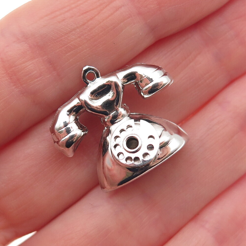 925 Sterling Silver Vintage Retro Rotary Phone 3D Mini Charm Pendant